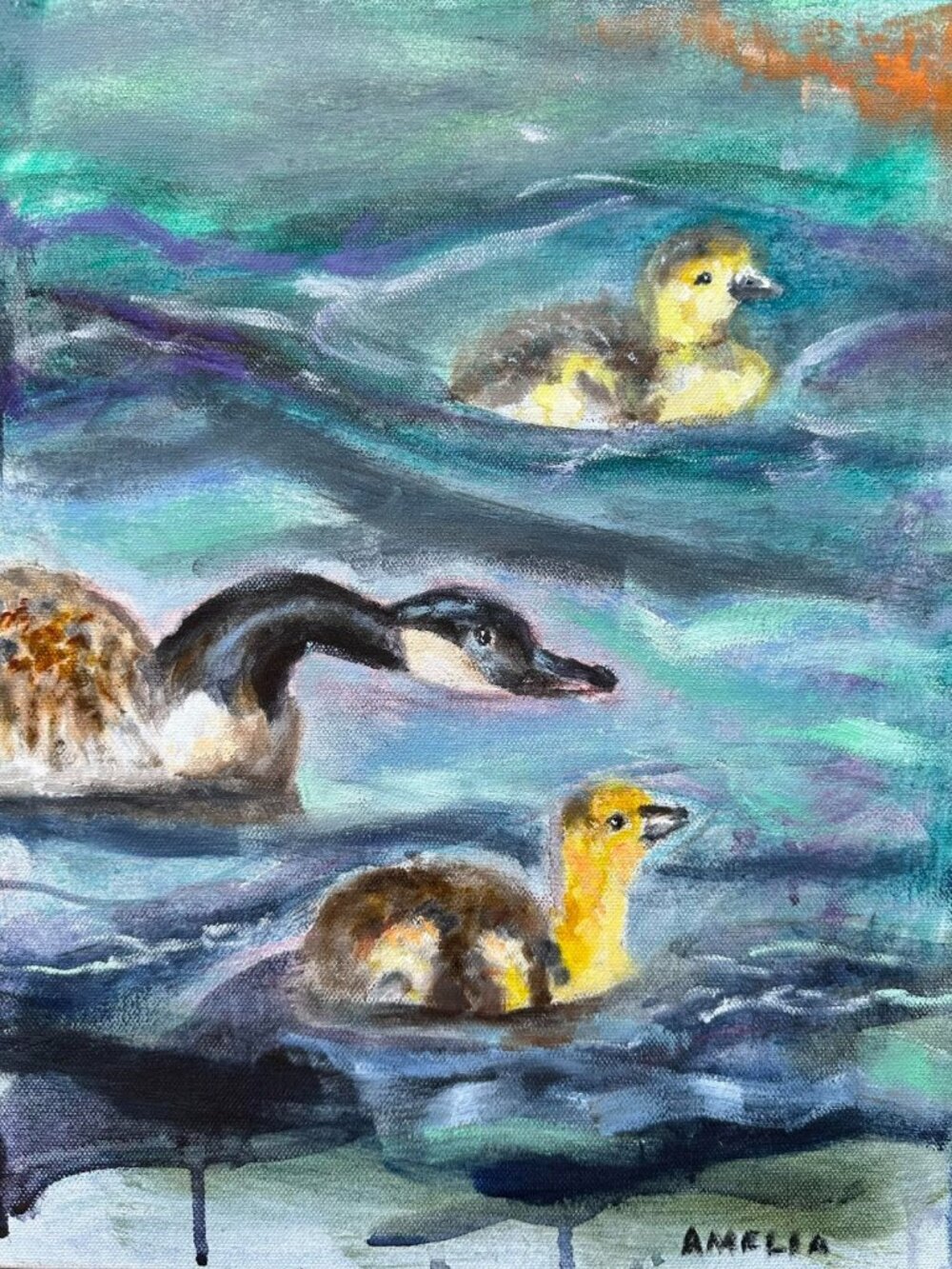 Original Oil Painting OOAK Art Water Geese Ducklings Birds Wall Gallery Wrapped